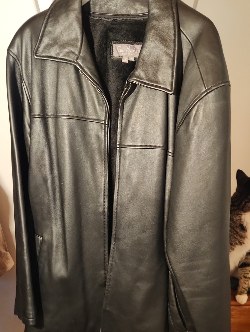 Men's Black Leather Trench Coat with Zip Front